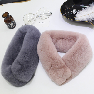 保暖围巾 獭兔毛吸扣围巾加厚兔毛皮草围脖毛毛纯色女冬季 新款 韩版