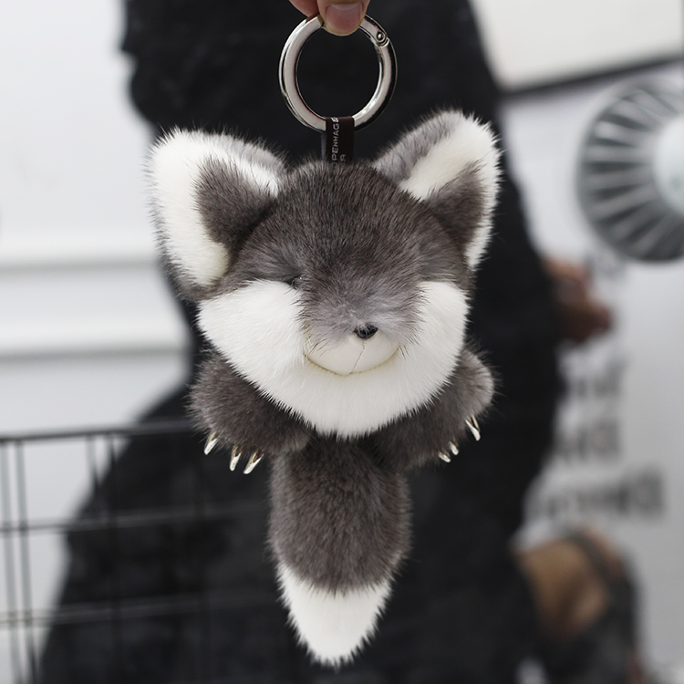 哥本哈根奢华水貂毛灰白蠢萌狐狸金属爪手机包包挂件皮草钥匙扣