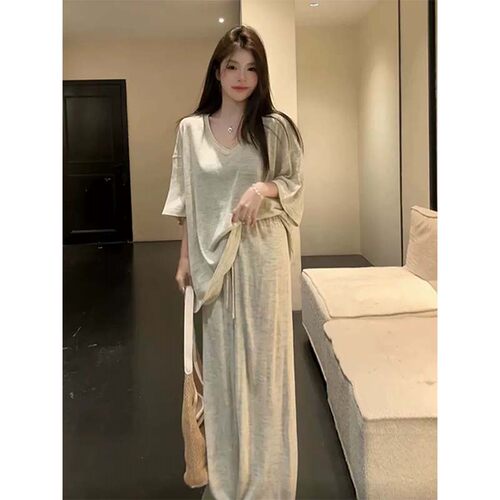 大码韩系短袖阔腿裤两件套女