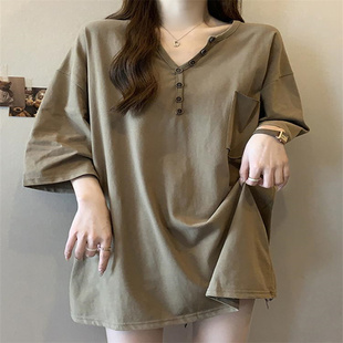 新款 韩版 t恤夏季 v领短袖 宽松300斤胖mm显瘦遮屁股上衣ins潮 加大码