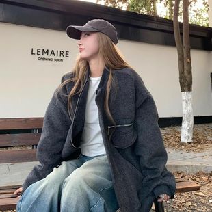 美式大码加厚保暖长袖棒球服外套女秋冬胖mm300斤宽松情侣款夹克