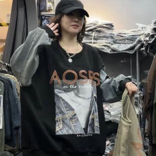 300斤胖mm韩系oversize撞色拼接卫衣秋季 ins大码 圆领宽松显瘦上衣