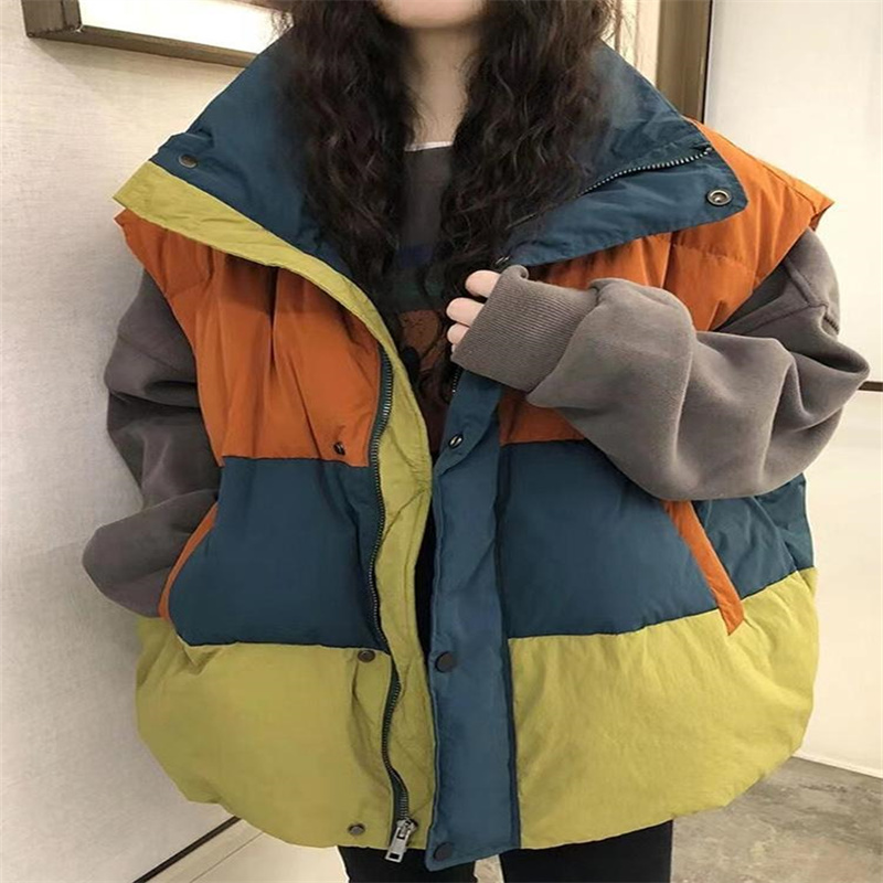 胖mm宽松拼色坎肩面包服马夹外套