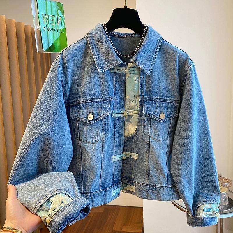 加大码300斤胖mm拼接复古水洗新中式轻国风盘扣牛仔外套显瘦上衣