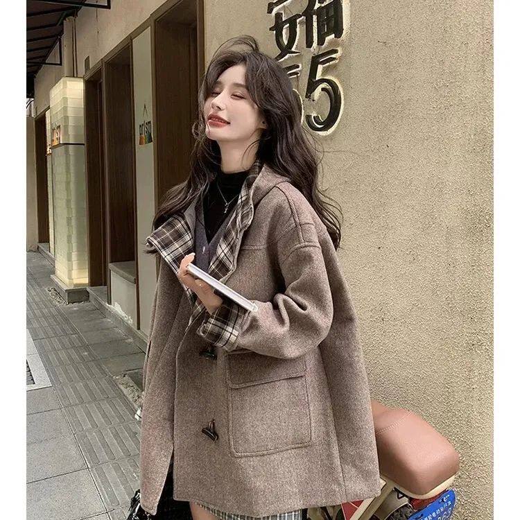 大码300斤复古格纹拼接连帽毛呢外套中长款通勤百搭显瘦气质大衣