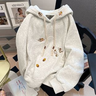 美式加大码300斤胖mm可爱卡通刺绣连帽卫衣秋冬季遮肉显瘦外套潮