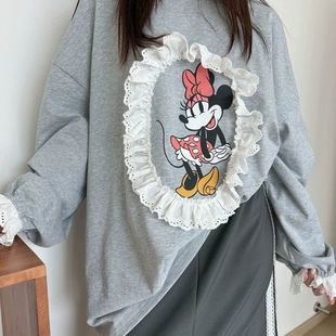 胖MM2 T恤春秋季 300斤宽松上衣 280斤卡通拼接蕾丝花边长袖 特大码