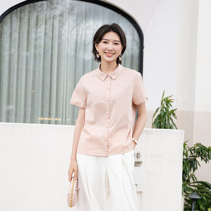 YUN韫夏季新款粉色衬衫女通勤百搭纯棉衬衣设计感薄款百搭上衣