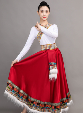 新款藏族舞蹈服少数民族表演服练习裙子艺考半身长裙民族舞服装女