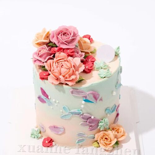 精美网红轻奢五彩斑斓豆沙裱花奶油手绘仿真生日蛋糕模型定制样品