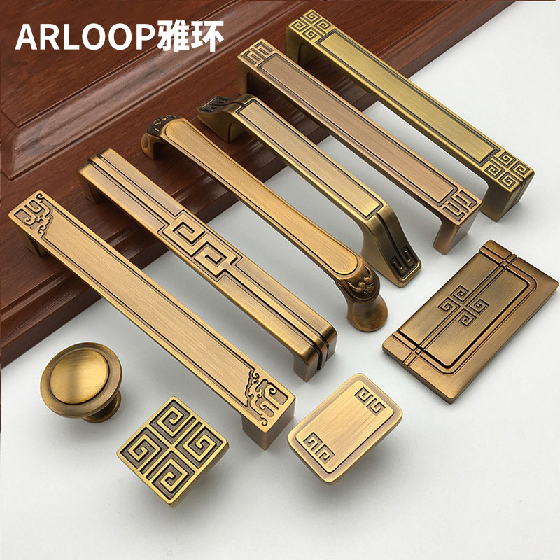 中式拉手柜门仿古抽屉黄古铜把手图片