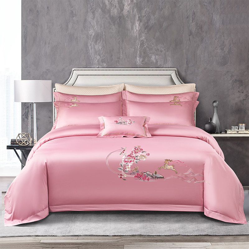 120支新疆长绒棉婚庆四件套全棉粉色刺绣高端结婚房纯棉床上用品4