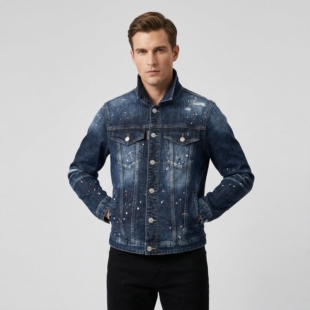 口袋夹克衫 漆点磨白牛仔外套D2高级感重工水洗工装 走秀款 欧潮男装