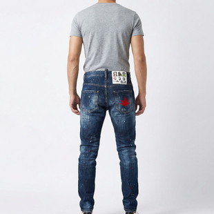 欧潮概念男装四季红枫叶刺绣D2弹力修身长裤DSQUARE风漆点牛仔裤