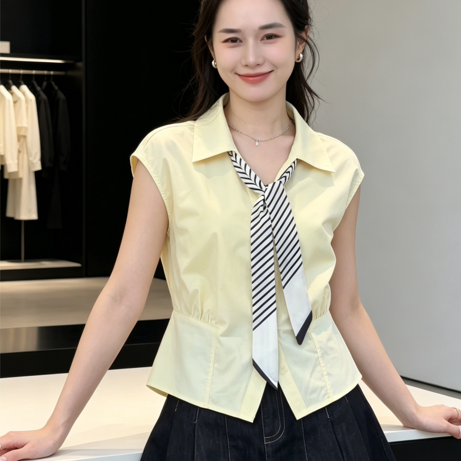 气质条纹领带衬衫女短款夏季新款减龄小个子简约百搭洋气上衣