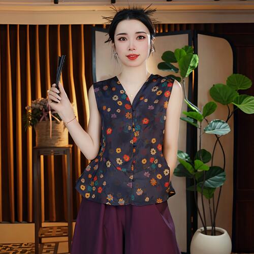 优品新中式复古印花V领衬衫女夏季新款今年流行收腰显瘦无袖马甲