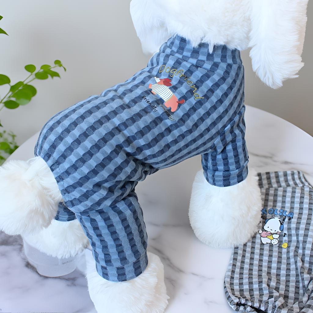 宠物衣服狗狗四脚衣打底方格德绒家居服泰迪比熊猫咪秋冬保暖服装