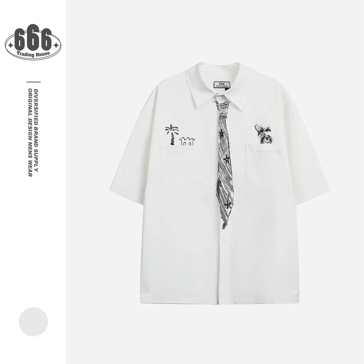 YUU夏季小众设计师潮牌可爱涂鸦领带短袖衬衫男女情侣款衬衣CS321