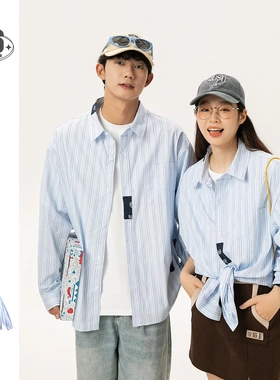 Orderliness复古民族风拼接条纹蓝色衬衫男宽松休闲长袖衬衣CS296