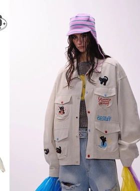 AYWTER美式潮牌涂鸦刺绣口袋工装夹克男女情侣全棉翻领外套W0468