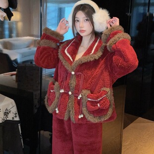 本命年红色国风可爱公主风加厚睡衣可外穿家居服套装睡衣女三件套