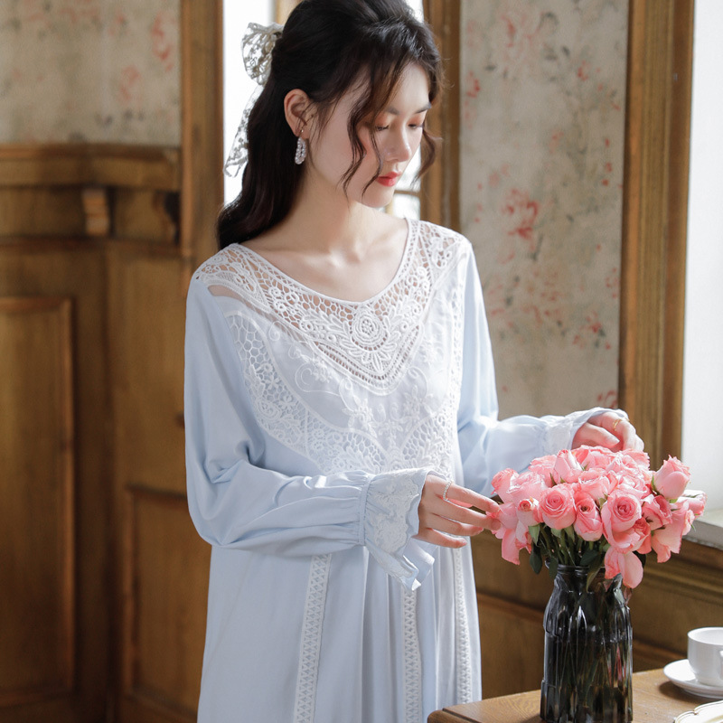 长袖睡裙女春季棉宫廷风复古蕾丝公主睡衣宽松大码可外穿家居服秋