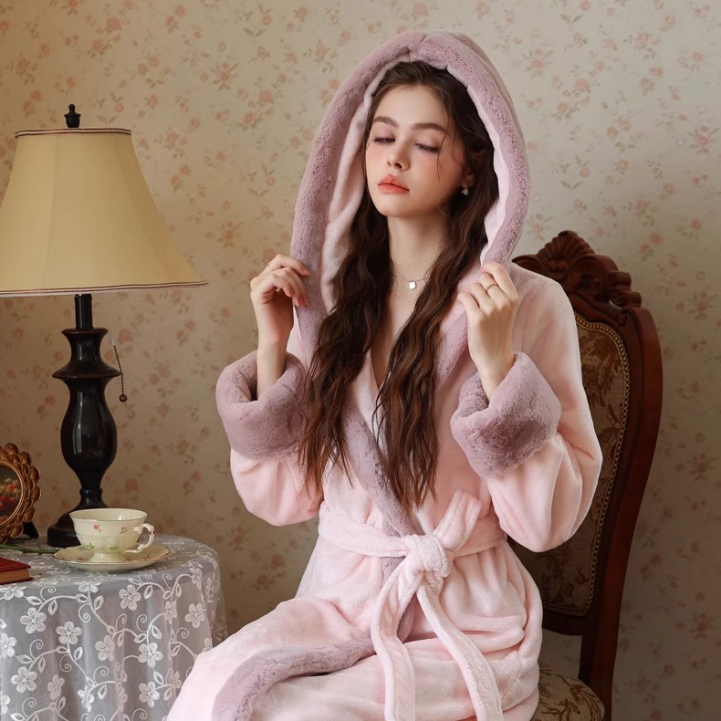 睡袍女春秋长袖长款加厚连帽