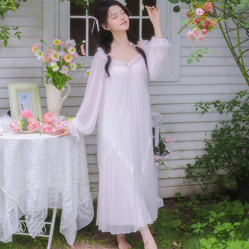 复古宫廷风重工蕾丝柔纱大裙摆仙女睡裙莫代尔长裙纯欲少女家居服