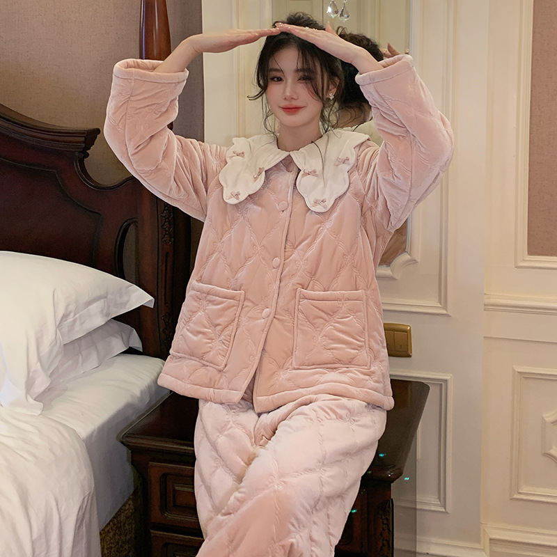 冬季新款睡衣甜美风蝴蝶结娃娃领夹棉套装舒适防寒保暖居家可外穿