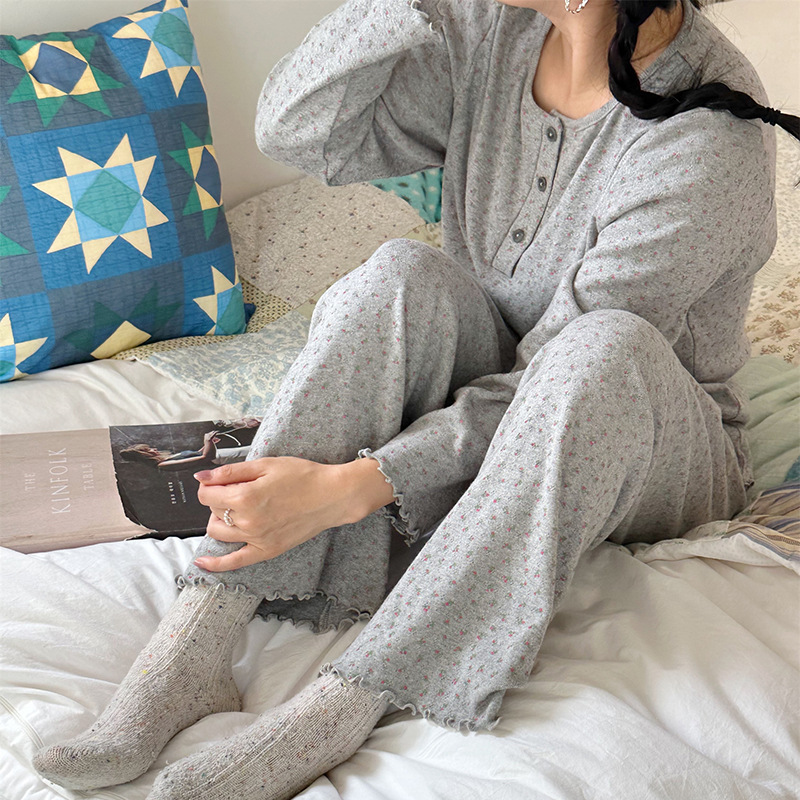 韩国螺纹纯棉睡衣女长袖长裤套装秋季圆领宽松可外穿家居服