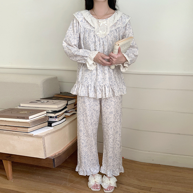 韩版甜美碎花纯棉睡衣女秋季圆领长袖长裤可外穿家居服套装