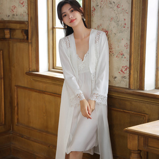 长袖睡袍女仿真丝睡裙两件套宫廷复古风睡衣胸垫外穿家居服套装秋