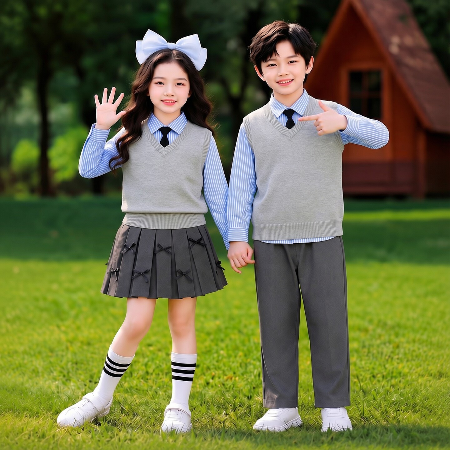 儿童合唱服小学生蓝色长袖衬衫灰色毛衣制服套装国庆元旦表演服
