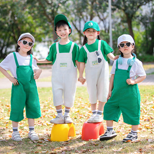 儿童绿色短袖白色背带裤演出服幼儿园舞蹈服啦啦队服毕业照班服