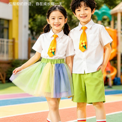 儿童演出服拼色纱裙白色衬衫舞蹈幼儿园六一汇演服装动会啦啦队服