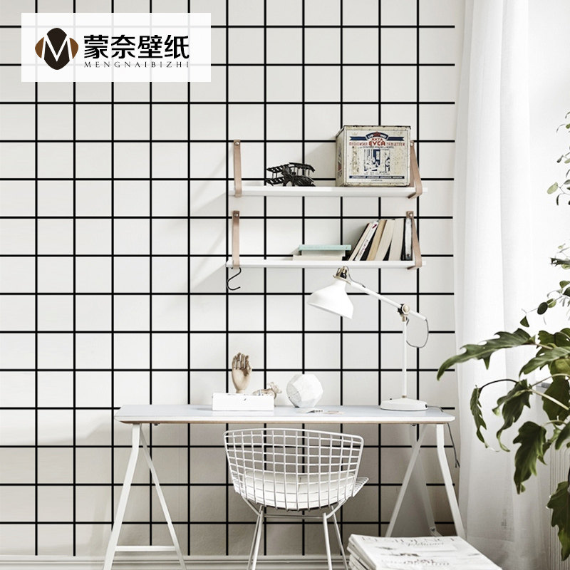 北欧白色壁纸ins风 客厅卧室黑白方块格子墙纸背景墙奶茶店服装店