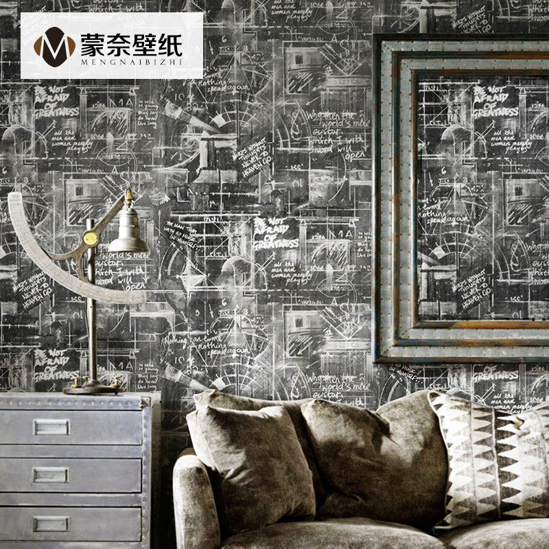 复古黑板学霸墙数学公式壁纸非自粘工业风墙纸店铺装修背景墙商用