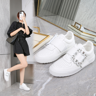 2025新款RV方扣水钻一脚蹬小白鞋厚底增高显瘦真皮运动休闲板鞋女
