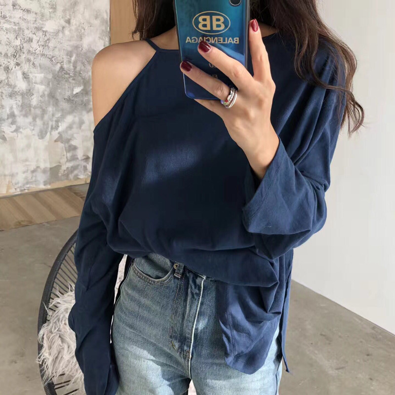 2023秋季新款慵懒镂空女装漏肩上衣女长袖防晒衫宽松纯色露肩T恤
