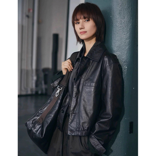 袁泉同款2025真皮皮衣夹克高级感进口绵羊皮油蜡皮短款外套女