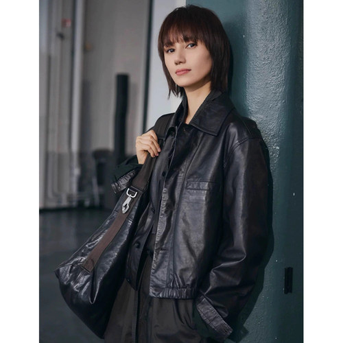 袁泉同款2025真皮皮衣夹克高级感进口绵羊皮油蜡皮短款外套女