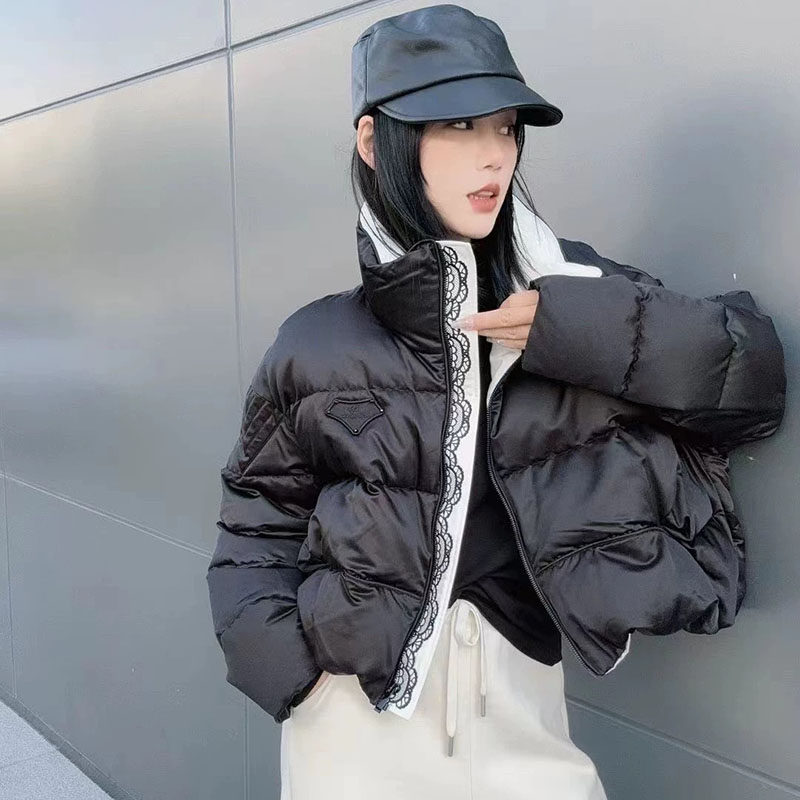 高端定制2025冬新款欧货女立领时尚拼色刺绣字母短款95白鹅绒外套