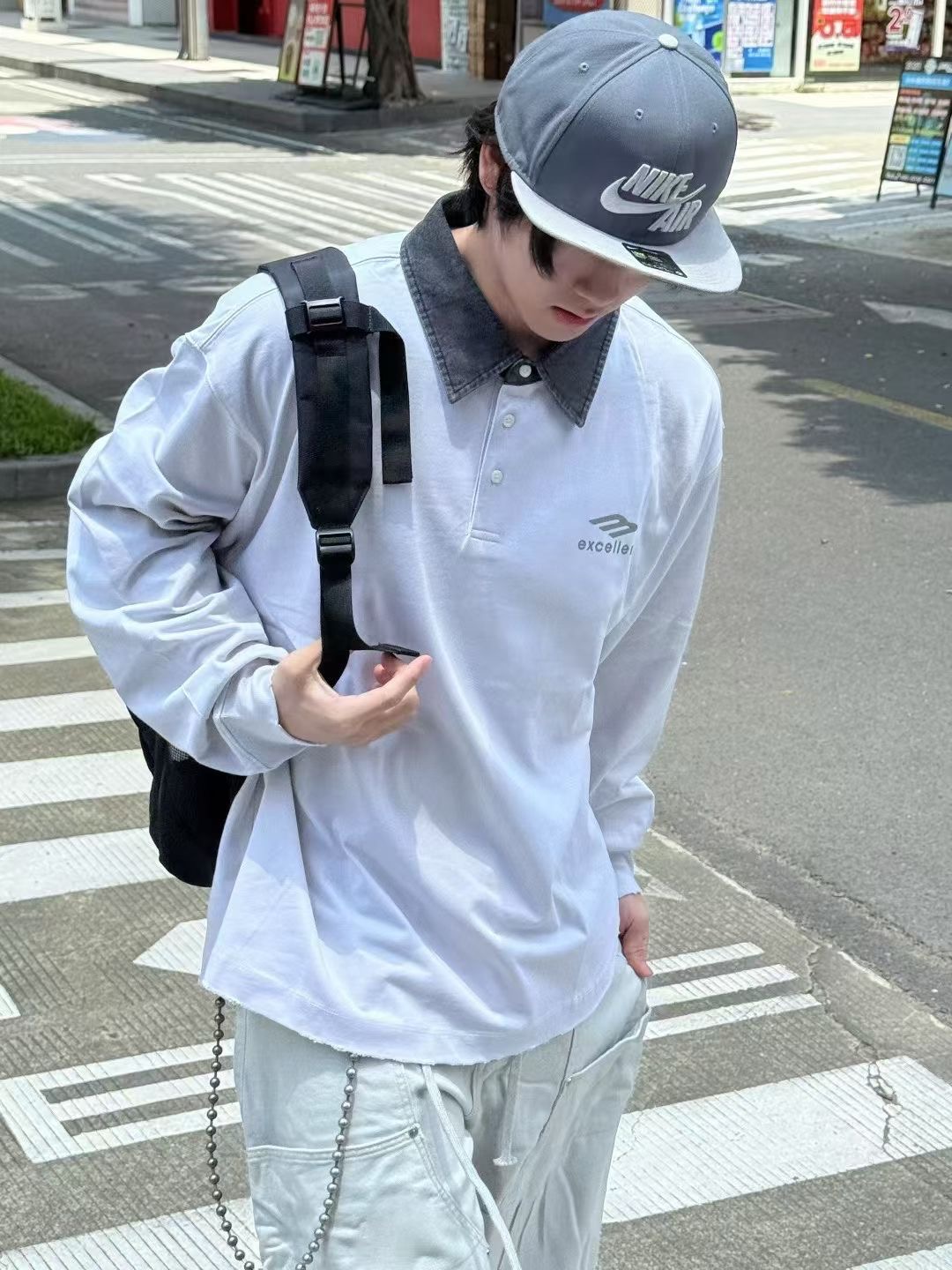美式复古做旧拼接翻领卫衣男