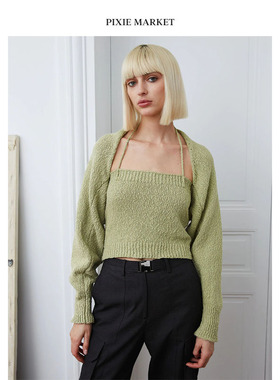 代购pixie market23春夏 显瘦挂脖短款开衫两件套女