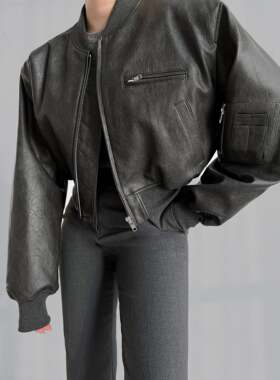 Frankie Shop GAE PU短款bomber深灰色拉链机车夹克
