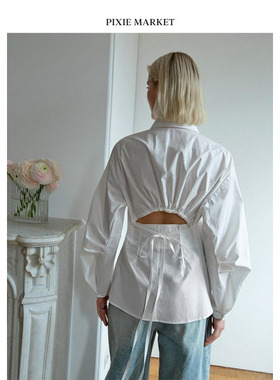 代购pixie market23春夏 修身白色基本款百搭束腰露背绑带衬衫女