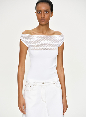 source unknown24夏一字领露肩网状透视修身弹力套头针织上衣