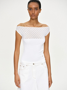 source unknown24夏一字领露肩网状透视修身弹力套头针织上衣