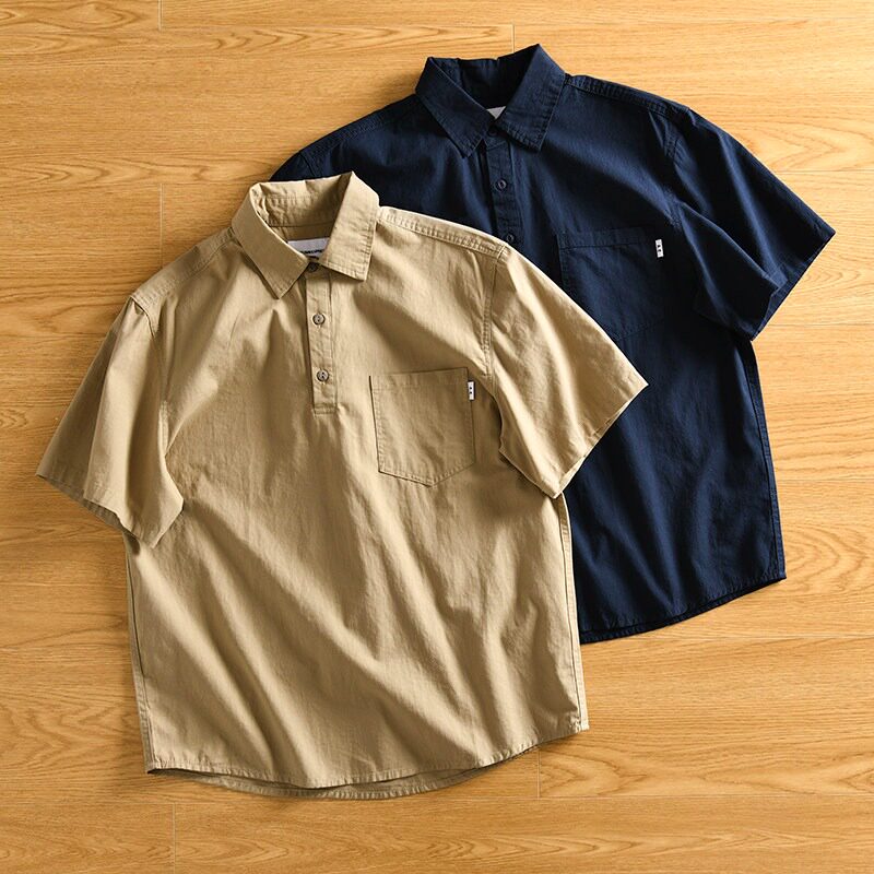 美式短袖衬衫男夏季薄款纽扣潮套头t恤日系简约休闲宽松半袖衬衣