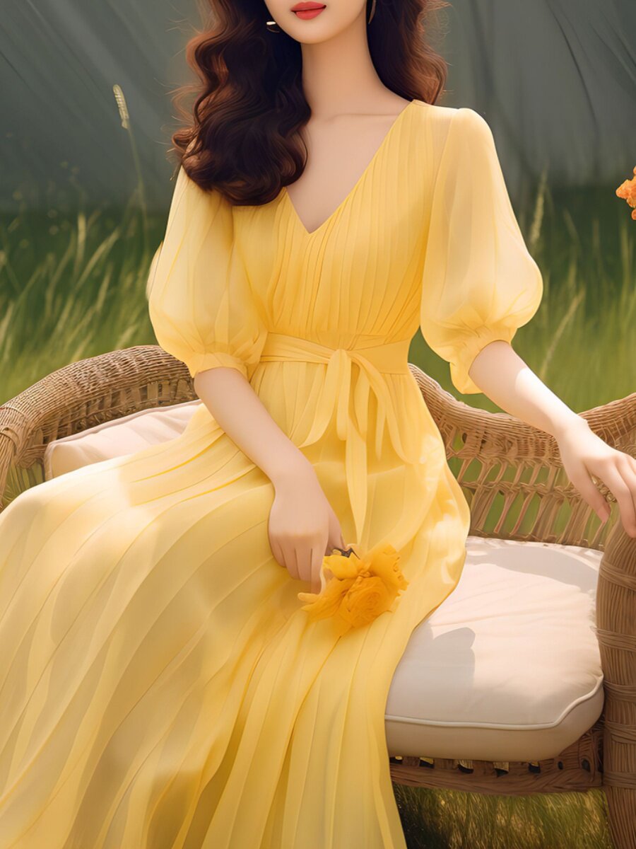 CHARMING SKIRT WOMENS CLOTHING SUMMER 2024 NEW FOREIGN STYLE AGE-REDUCING SEASIDE VACATION YELLOW SHORT-SLEEVED DRESS